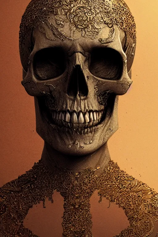 Image similar to skull, close - up portrait, powerful, intricate, elegant, volumetric lighting, digital painting, highly detailed, artstation, sharp focus, illustration, concept art, black ink pen, small gold leaf flake accents