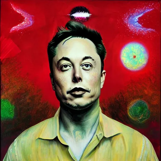 Prompt: Surrealist Portrait painting of Elon Musk's Acid Trip, album cover