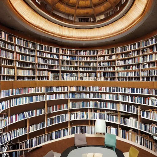 Prompt: an infinite library with books all over it curved walls