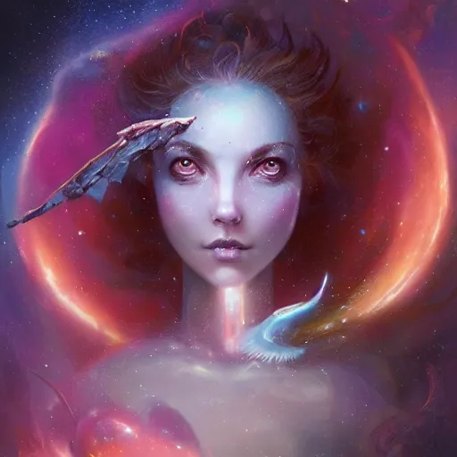 Prompt: face of a cute girl with eyes wide open, eyes like a cosmic nebula by peter mohrbacher and emmanuel shiu and martin johnson heade and bastien lecouffe - deharme