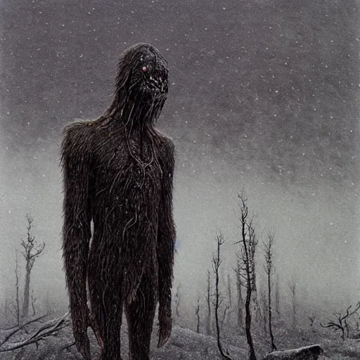 Image similar to wendigo prowling in the ancient snow mountain, beksinski