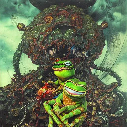 Prompt: expressive detailed painting of pepe the frog fighting machines by ayami kojima, amano, karol bak, greg hildebrandt, and mark brooks, neo - gothic, gothic, rich deep colors. beksinski painting, part by adrian ghenie and gerhard richter. art by takato yamamoto. masterpiece