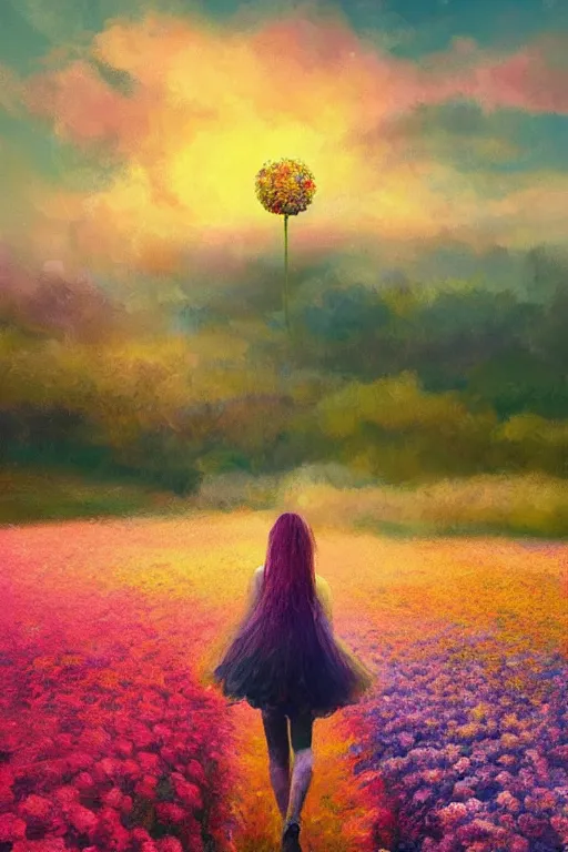 Image similar to giant flower head, girl walking in a flower field, surreal photography, sunrise, dramatic light, impressionist painting, colorful clouds, digital painting, artstation, simon stalenhag