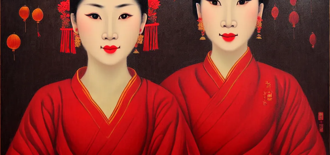 Prompt: vietnamese female with white cloth mask wearing traditional red ao dai, full moon on the sky, a ultra detailed beautiful aged oil panting by le pho