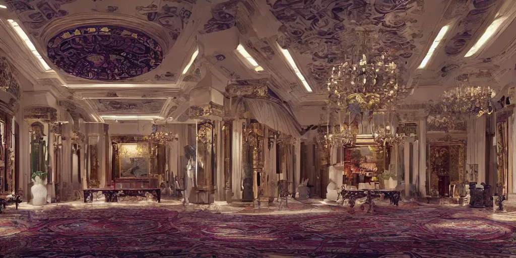 Image similar to a grand hall decorated with a blend of greco - roman and east asian styles, concept art, colorful