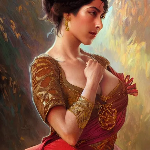 Prompt: character portrait of Mata Hari, relaxing mood, intricate, wild, highly detailed, digital painting, artstation, upper body, concept art, smooth, sharp focus, illustration, art by artgerm and greg rutkowski and alphonse mucha