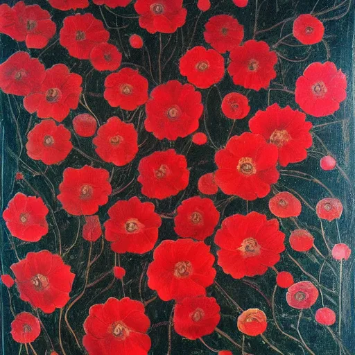 Prompt: oil painting of many various red flowers on a black background, painted by Sandro Botticelli, the flowers are floating, dark atmosphere, realistic flowers oil painting