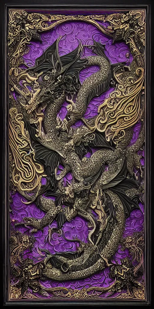 Prompt: Painted dark-wood panel relief carving of a Flowerpunk Dragon, Fractal God, mythology, divinity, Silver, black and glowing purple toned, ornate border frame, explosion of colorful flowers, dark wood, intricately carved, black ink, festival of rich colors, intricate details, cinematic lighting, volumetric lighting, post-processing, art nouveau, tarot, fractal art, mandala, by andreas rocha and john howe, and Martin Johnson Heade, featured on artstation, featured on behance, golden ratio, hyper detailed, photorealistic, epic composition, center spotlight, f32, well composed, symmetrical, UE5, 8k