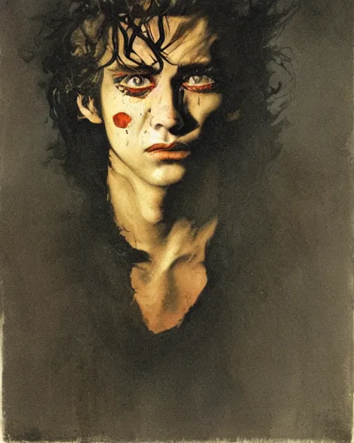Image similar to a beautiful but sinister young man in layers of fear, with haunted eyes and wild hair, 1 9 7 0 s, seventies, woodland, a little blood, moonlight showing injuries, delicate embellishments, painterly, offset printing technique, by brom, robert henri, walter popp