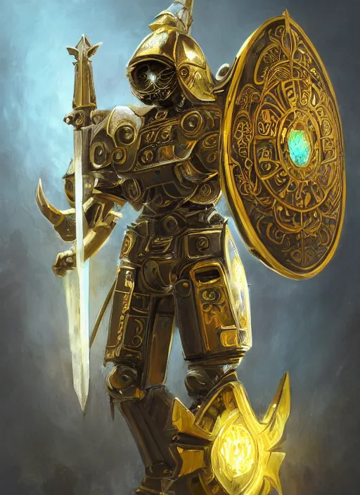 Image similar to full body, attack position abstract painting of a intricate ornate holy mechanical warforged with circular glowing eye, character in yellow armor holding a legendary paladin engraved holy great longsword and carrying a huge heavy paladin shield, vertically flat head, face in focus, epic , trending on ArtStation, masterpiece, cinematic lighting, by Ross Tran and by Greg Rutkowski