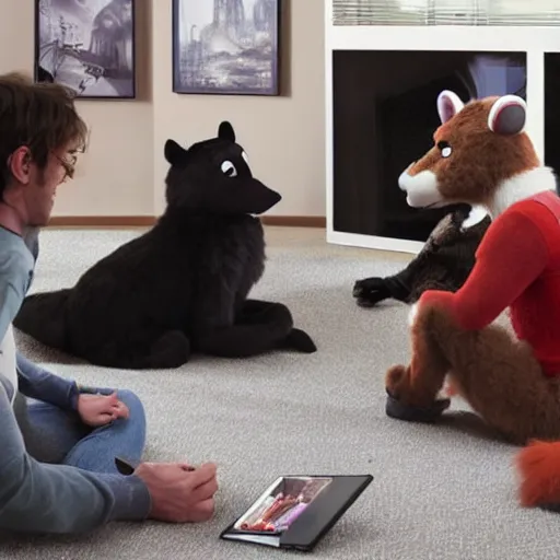 Image similar to a fursuiters in the living room having a heated debate about what show to play on Netflix