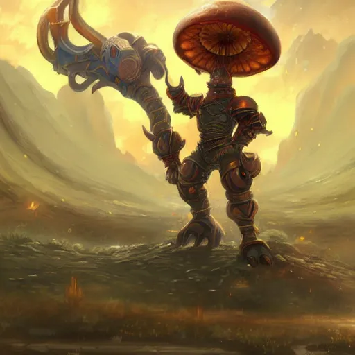 Image similar to Yoshi made of earth and molten metal with heavy knight armor in the style of anime by Peter Mohrbacher, Matte painting of mushroom kingdom landscape in background, colorful, cinematic, anime trending on artstation, HD, 4k,