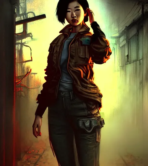 Image similar to fallout 5, charismatic beautiful rugged asian female protagonist, portrait, outdoors in a dilapidated tokyo back alley, atmospheric lighting, painted, intricate, volumetric lighting, daytime, autumn, fog, sharp focus, ultra detailed, art by william turner and ross tran