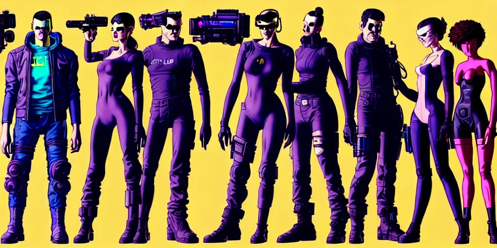 Image similar to cyberpunk heist crew. portrait by stonehouse and mœbius and will eisner and gil elvgren and pixar. character design. realistic proportions. dystopian. cyberpunk 2 0 7 7 character art, blade runner 2 0 4 9 concept art. cel shading. attractive face. thick lines. hi def 4 k. the team. detailed interesting characters. realistic faces.