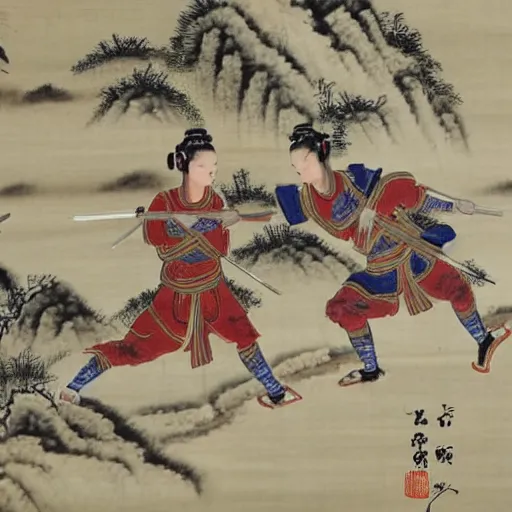 Prompt: chinese painting of two roman soldiers dueling in the fields,