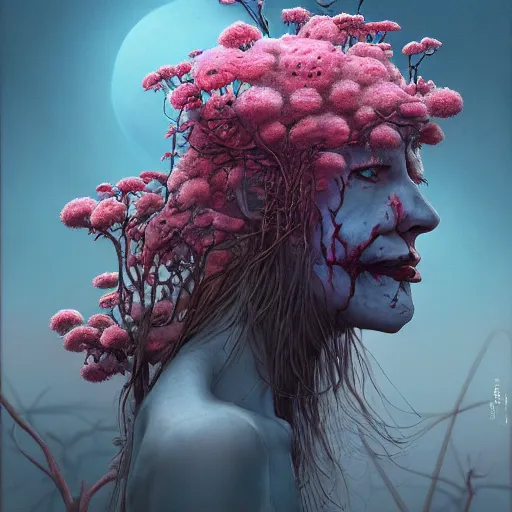 Image similar to a nature portrait of a p - zombie!!! natural lighting art dawn. highly detailed. colourful. moody. artstation, 4 k, by gerald brom zdzisław beksinski, and ansel adams and studio ghibli, horror, lots of sakura flowers, lovely