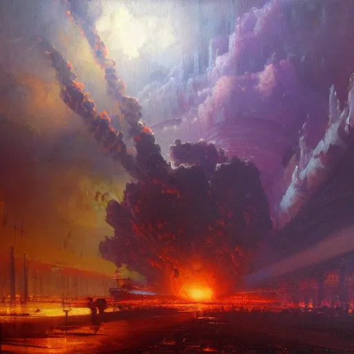 Prompt: An atom bomb explosion in Mumbai, by Carl Gustav Carus, by Wadim Kashin, by Paul Lehr, oil on canvas, masterpiece, trending on ArtStation