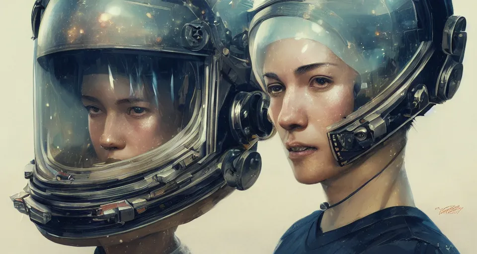 Image similar to astronaut helmet, detailed portrait, intricate complexity, by greg rutkowski, cushart krentz, artgerm, ross tran, conrad roset, takato yomamoto, ilya kuvshinov. 4 k, beautiful, cinematic dramatic atmosphere, portrait lighting h 9 6 0