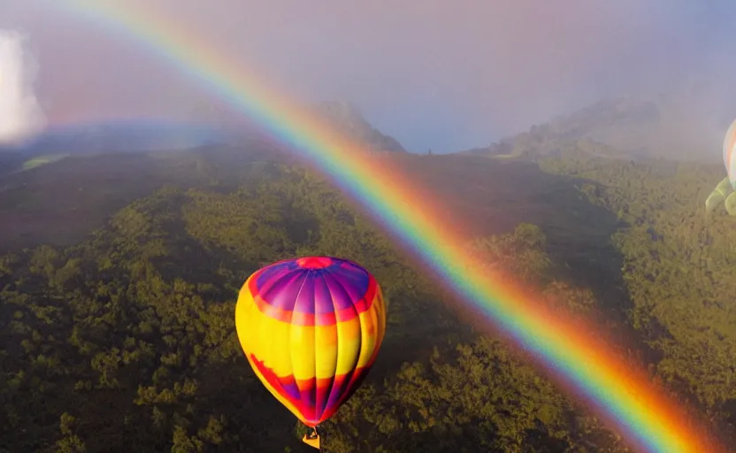 Image similar to hot air balloon flying through a double rainbow, oh the places you'll go by dr seuss