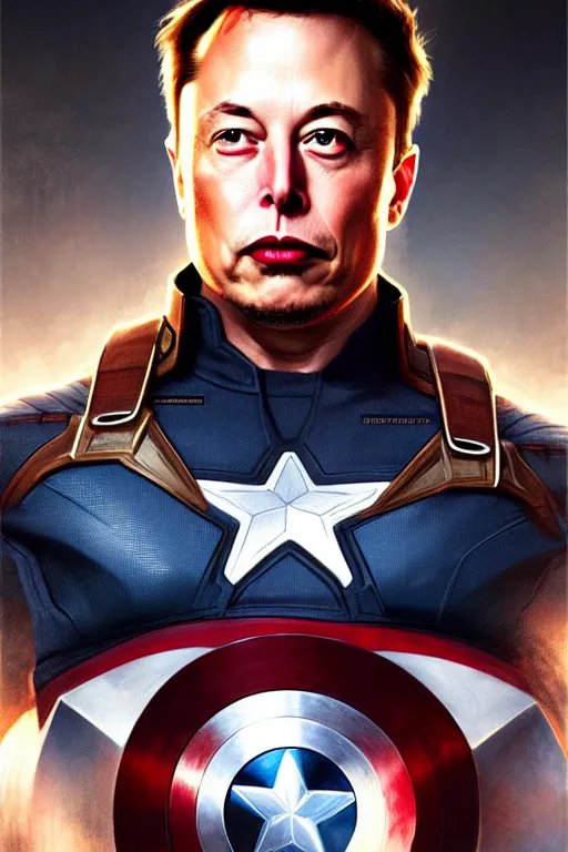 Image similar to elon musk as captain america, portrait, highly detailed, digital painting, artstation, concept art, smooth, sharp focus, illustration, cinematic lighting, art by artgerm and greg rutkowski and alphonse mucha