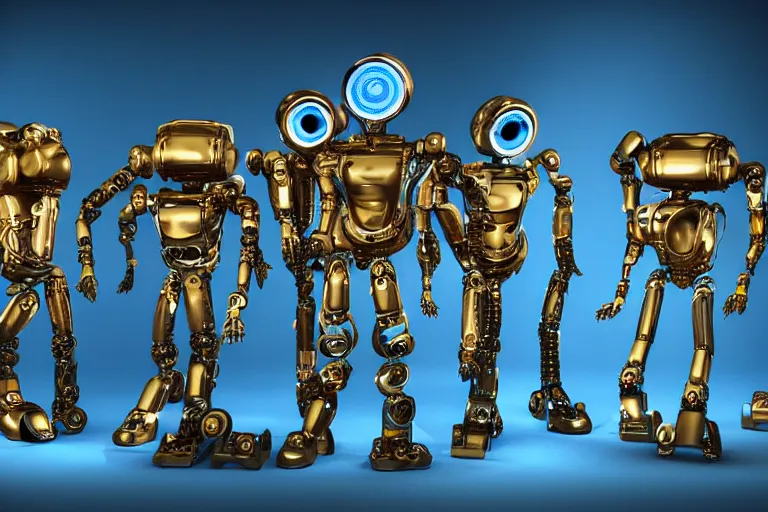 Prompt: a queue of 7 golden and blue metal humanoid steampunk robots dancing on a concert stage, robots are wearing and gears and tubes, eyes are glowing red lightbulbs, shiny crisp finish, 3 d render, 8 k, insaneley detailed, fluorescent colors, nightlight