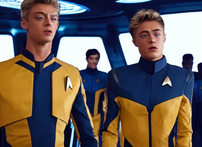 Prompt: Lucky Blue Smith plays as captain in Star Trek Discovery, engine room and warp core in the background, 35mm photography, highly detailed, cinematic lighting, 4k