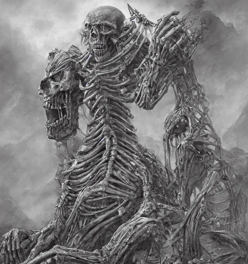 Prompt: concept art of a iron maiden device with skeletal features in dense fog above lava fields, art by HR Giger and Szukalski, inspired by Hedi Xandt, gothic, highly detailed, 3d rendering,