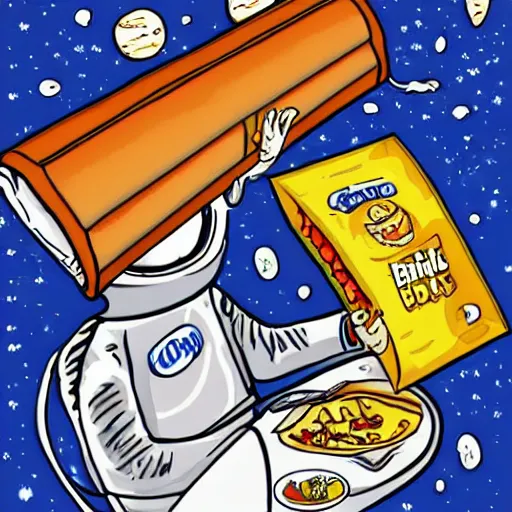 Prompt: Bill Gates eating burritos in outer space. Cartoon style.