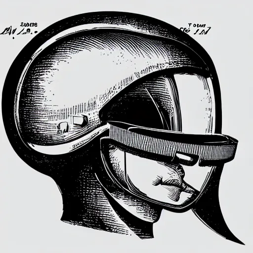 Image similar to a patent drawing of an intricate detailed vr headset from the future in the shape of a medieval knight helmet, extremely detailed alien technology vr!!! headset, with arrows and side angels