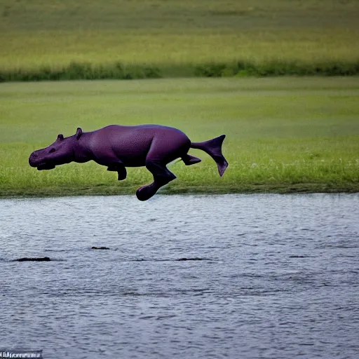 Image similar to a hippopotamus flying over a field, award winning photography