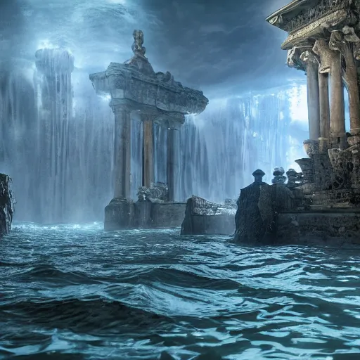 Image similar to The lost Atlantis appears in the multiverse, and the overall tone is atmospheric, hazy, magical, hyper-detailed and realistic，baroque style, realistic geometry, unreal engine 5, hyper realistic, insane details, reflections, best quality, cinematic, epic, 8k, octane render, atmospheric, ambient, volumetric lighting, ultra detail, surrealism,--ar 16:9