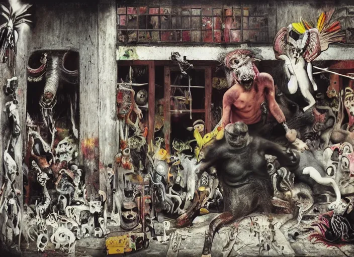 Image similar to animal riot in an art house feature film by alejandro jodorowsky, roger ballen and nobuyoshi araki : : exterior view, retro sci - fi, occult ritual : : triadic color scheme, dramatic lighting : : an oil painting in the style of francis bacon and adrian ghenie, 4 k