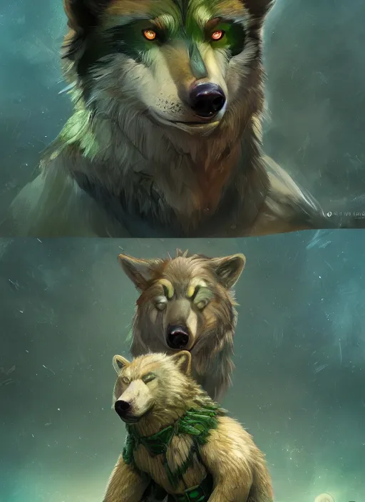 Prompt: green eyed superhero with wolf head and bear body, hyper detailed, digital art, trending in artstation, cinematic lighting, studio quality, smooth render, unreal engine 5 rendered, octane rendered, art style by klimt and nixeu and ian sprigger and wlop and krenz cushart.