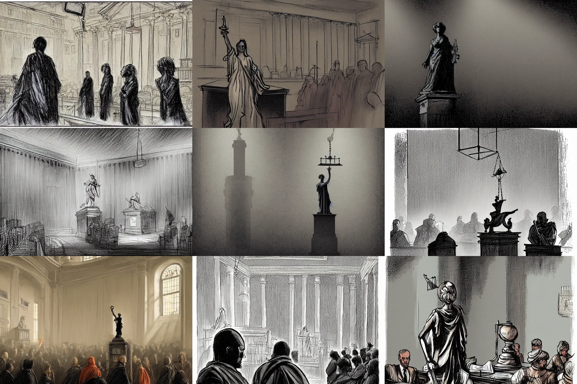 Prompt: editorial illustration by karolis strautniekas and mads berg, illustrated ( ( lady justice statue ) ) in a busy court room interior, many people, low fog, fine texture, detailed, muted colors, dramatic lighting, dynamic composition, vivid, matte print, wide angle, ( ( sunbeams ) ), moody, dark orange + light blue + beige + black