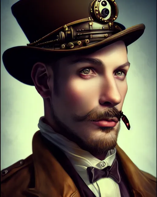 Prompt: steampunk male portrait, handsome, steampunk hat, detective coat, steampunk monocle, hyper realistic 3 d render by ilya kuvshinov, peter mohrbacher, greg rutkowski, ryohei hase, dramatic lighting, intricate, highly detailed, sharp focus, luminous, unreal engine, blender, artstation, masterpiece, ray tracing