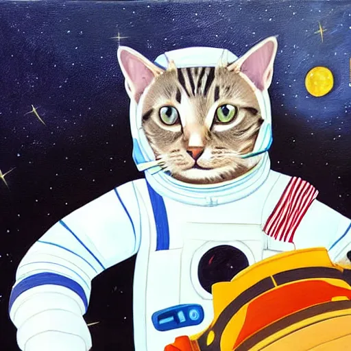 Image similar to a cat astronaut in front of a space station, oil painting