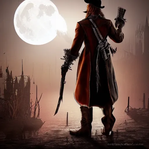 Image similar to a detailed 3 d render of darkwing duck dressed as the hunter from bloodborne, let's get dangerous, digital art, dark fantasy, concept art, soulslike, by alphonse mucha, blood moon eclipse, wherewolves in a ruined building in the background, artstation, 8 k, unreal engine render