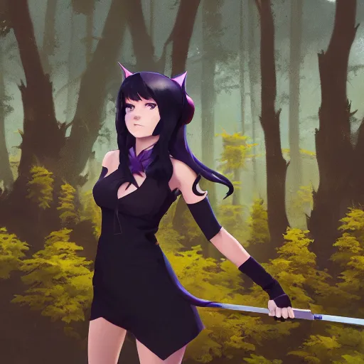 Prompt: realistic render of blake belladonna from rwby by ross draws, forest background by ilya kuvshinov, digital anime art by ross tran, composition by sana takeda, lighting by greg rutkowski