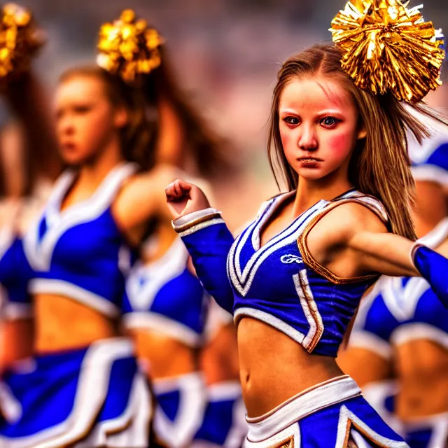 Prompt: cheerleader warrior, highly detailed, 8 k, hdr, smooth, sharp focus, high resolution, award - winning photo
