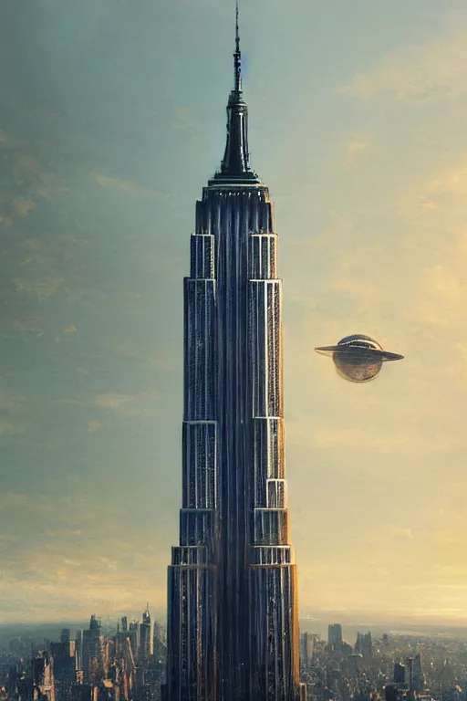 Prompt: the Empire State Building being visited by a large UFO, an epic painting, glinting metal, volumetric lighting, intricate, elegant, highly detailed, digital painting, artstation, concept art, smooth, sharp focus, art by Maciej Kuciara