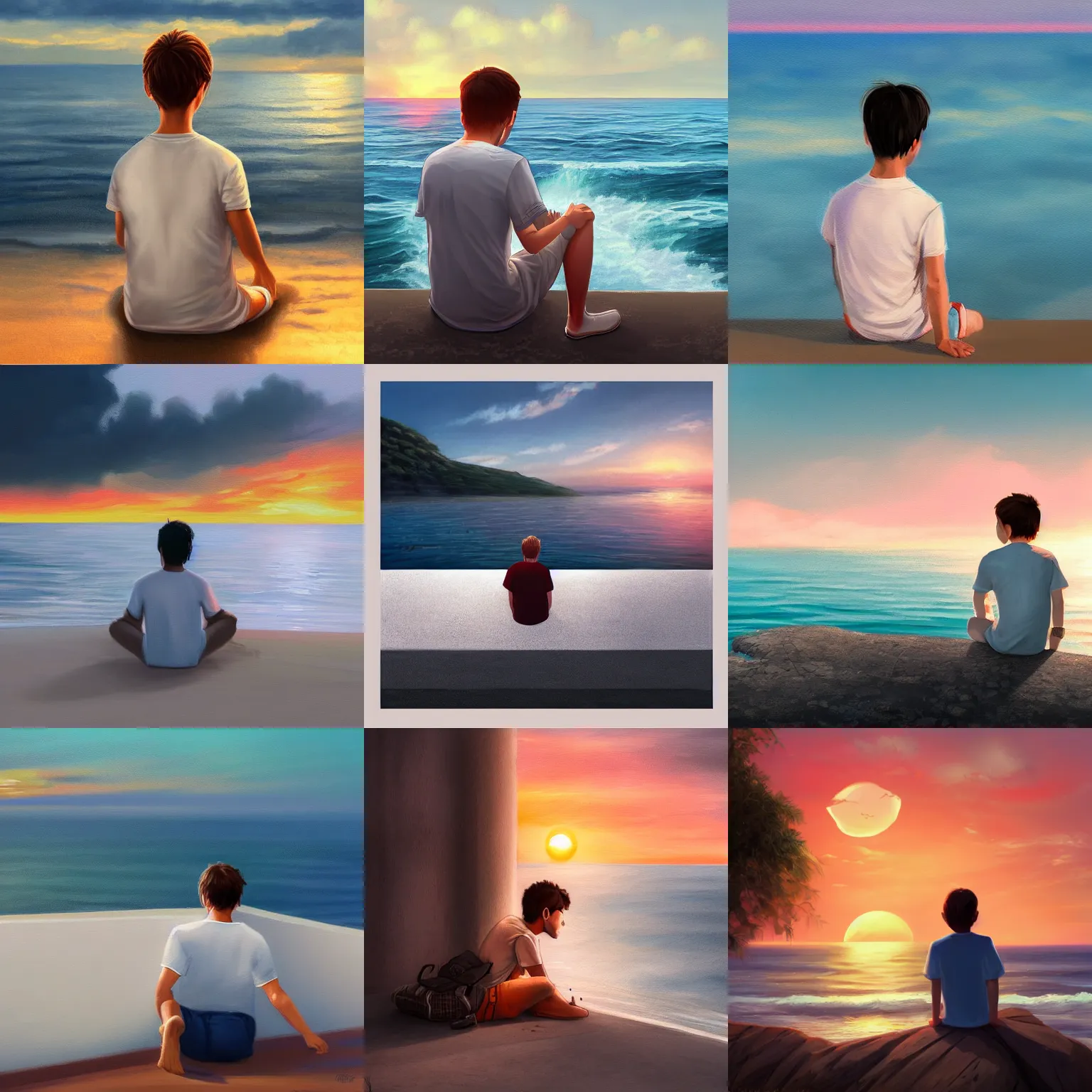 Prompt: a cute young man sitting at a white wall at the sea looking to the right, wearing a white tshirt, sunset over the water, artstation, cinematic, detailed painting, digital art