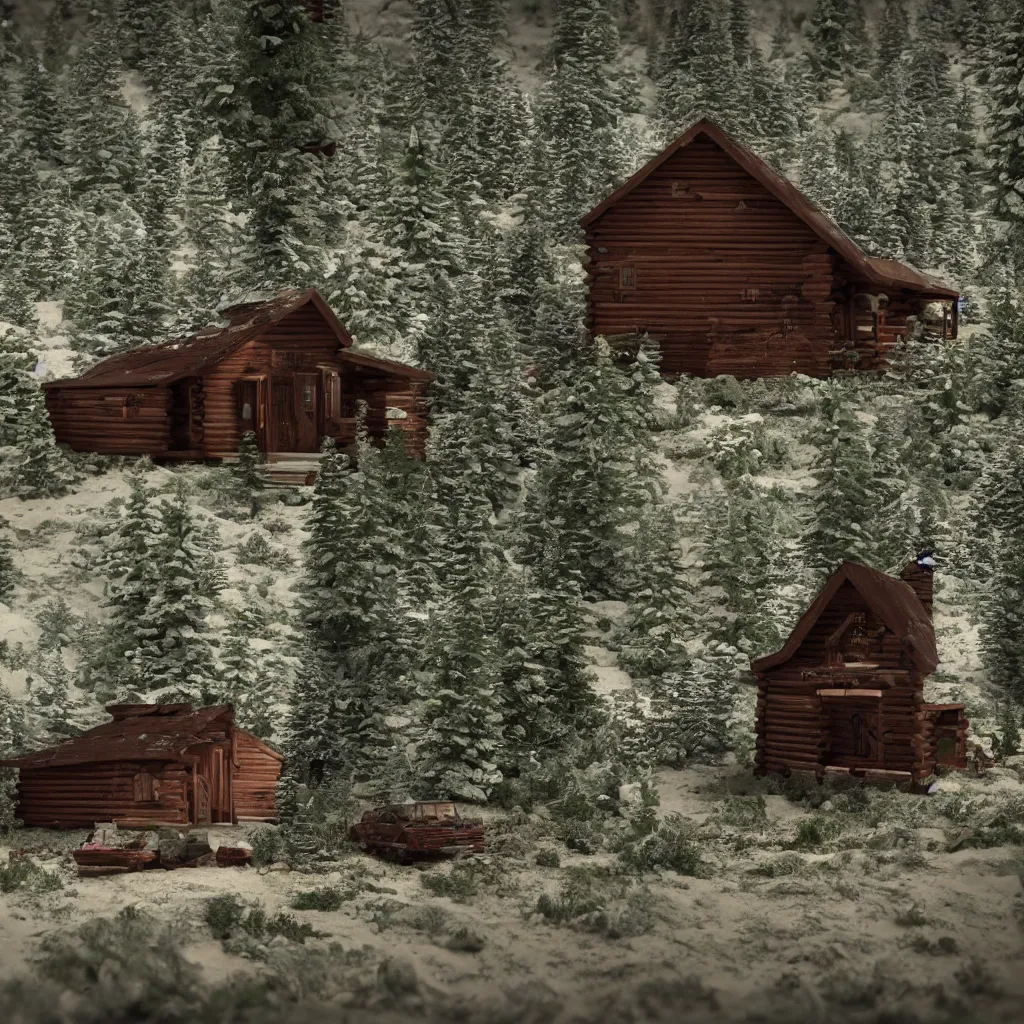 Image similar to octane render cabin in the woods diorama, ultra realistic