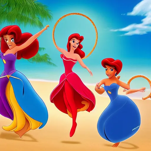 Image similar to disney princesses raya, ariel, and tiana, all playing with hula hoops on the beach, disney style digital art, high quality, 4 k