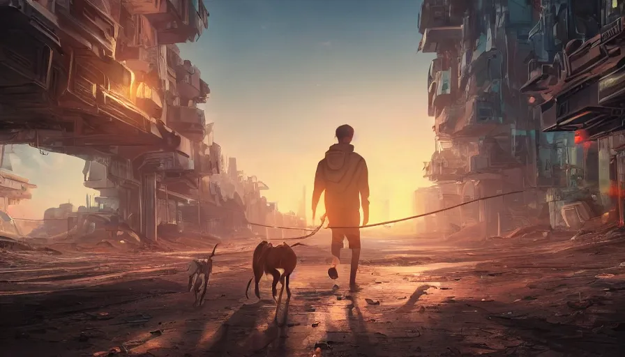 Prompt: man walking his dog in an abandoned futuristic city covered by vegeration, sunset, bright light, hyperdetailed, artstation, cgsociety, 8 k