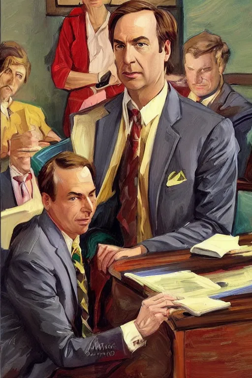 Prompt: saul goodman wearing colorful suit in courtroom, painting by jc leyendecker!!!, angular!!, brush strokes, painterly, vintage, crisp