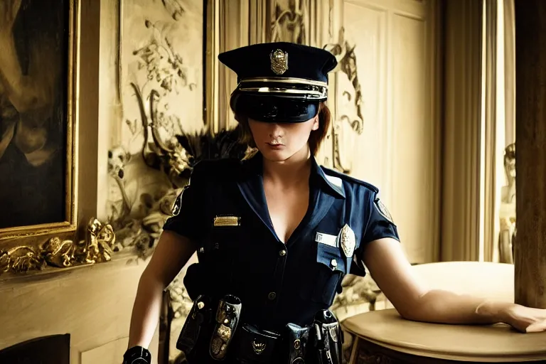 Image similar to cinematography closeup portrait of a beautiful woman cop in an decadent mansion foyer by Emmanuel Lubezki