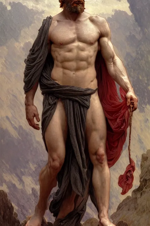 Prompt: painted portrait of rugged zeus, god of thunder, greek god, white hair, masculine, mature, handsome, upper body, flowy robe, muscular, hairy torso, fantasy, intricate, elegant, highly detailed, digital painting, artstation, concept art, smooth, sharp focus, illustration, art by gaston bussiere and alphonse mucha