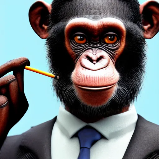 Image similar to a high detail shot of a chimp wearing a suit, smoking, unreal engine