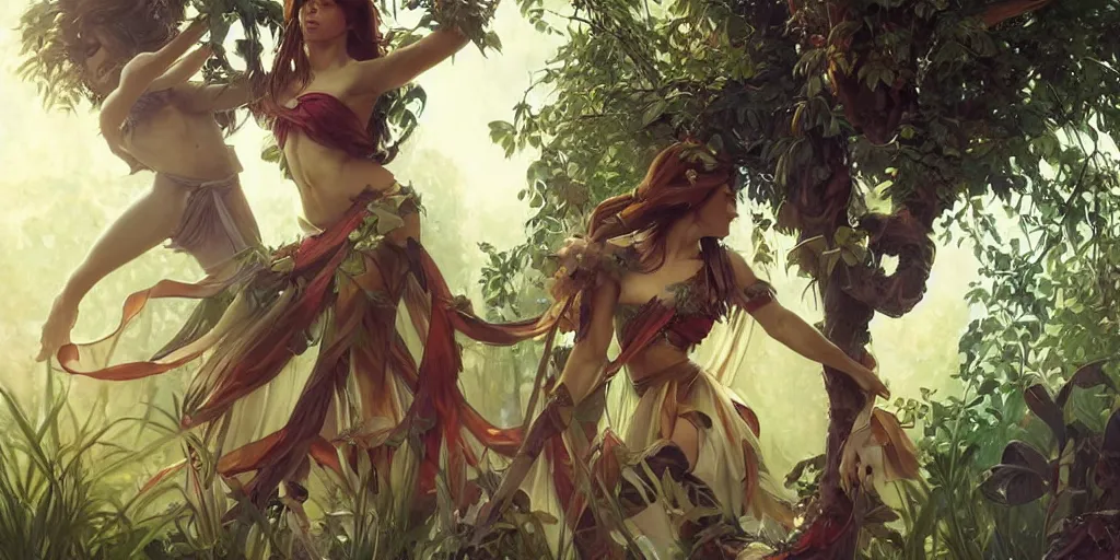 Prompt: a hyperrealistic render of dancers around a tree with ribbons, outdoor, art by Artgerm and Greg Rutkowski and Alphonse Mucha, hearthstone art style, epic fantasty card game art, Beautiful dynamic dramatic moody lighting, shadows, cinematic, Octane, 8K