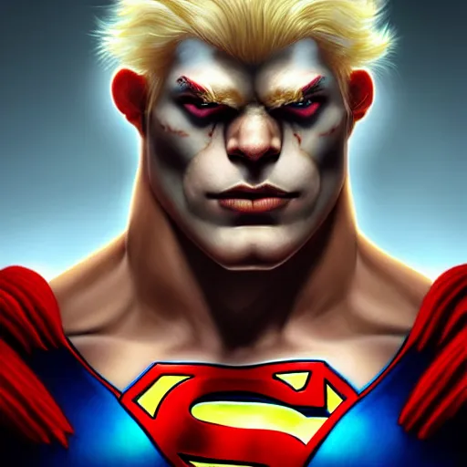 Image similar to a esthetic portrait commission of a muscular antrho albino tiger wearing the superman outfit,hyperdetailed face,character design by charlie bowater,ross tran,artgerm,makoto shibkai,photorealistic,western comic book art,film poster,deviantart,artstation